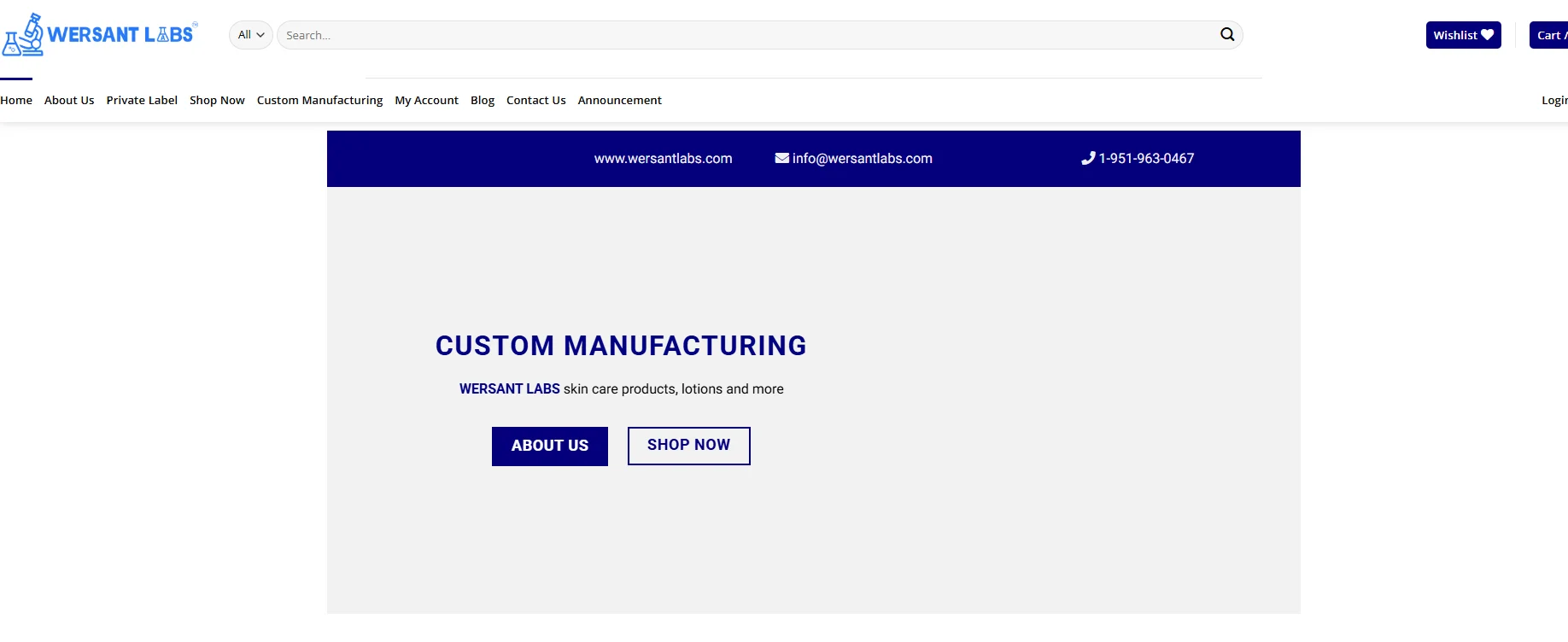 Wersant Labs website homepage featuring custom manufacturing services for skincare products, with navigation menu and contact details.